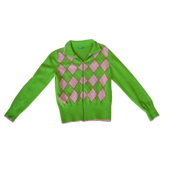 Vintage y2k Argyle Sweater Green Pink Wool Made In Italy Preppy Juniors Large - Picture 9 of 9